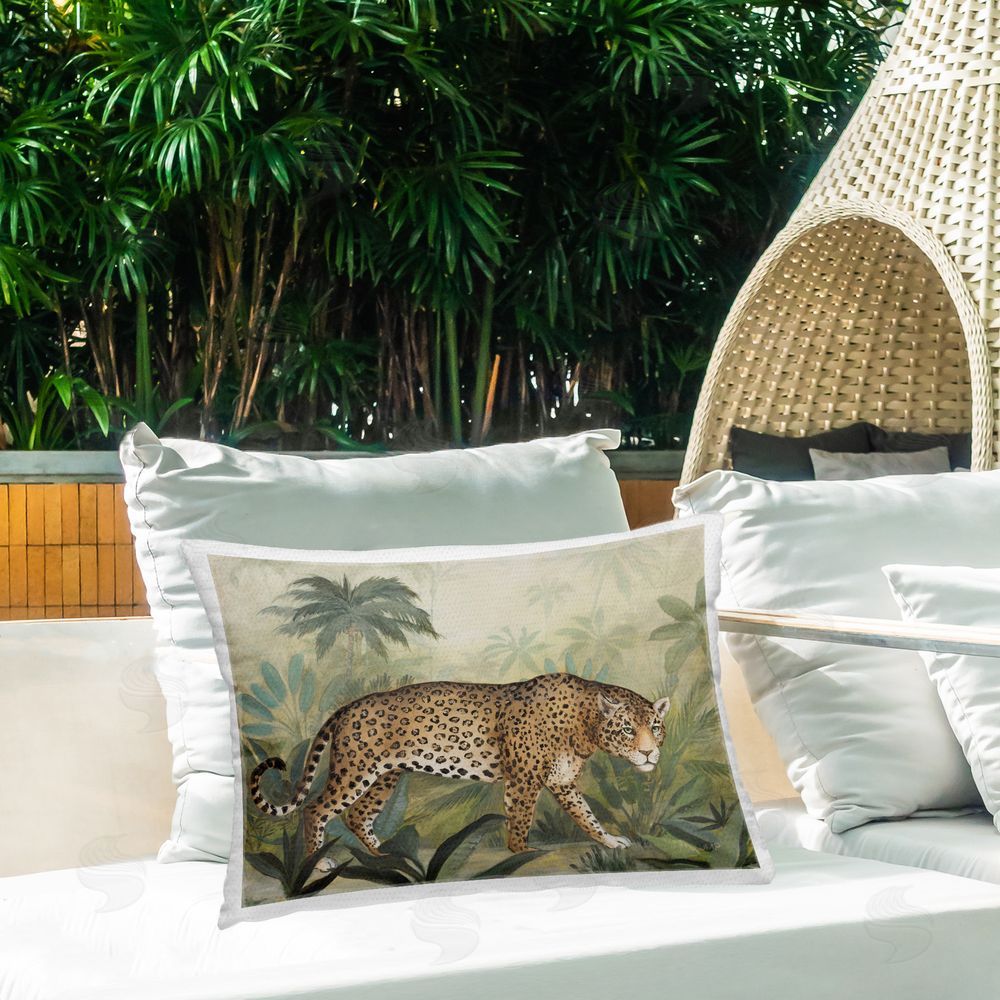 Julia Purinton Prowling Leopard in Forest Outdoor Quick-Dry Polyester Printed Throw Pillow in Back Yard