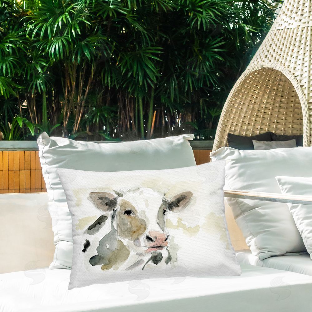 Victoria Barnes Soft Watercolor Cow Outdoor Quick-Dry Polyester Printed Throw Pillow in Back Yard