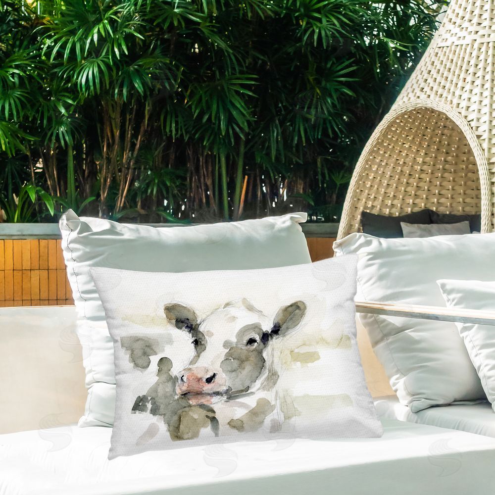 Victoria Barnes Soft Painterly Cow Outdoor Quick-Dry Polyester Printed Throw Pillow in Back Yard