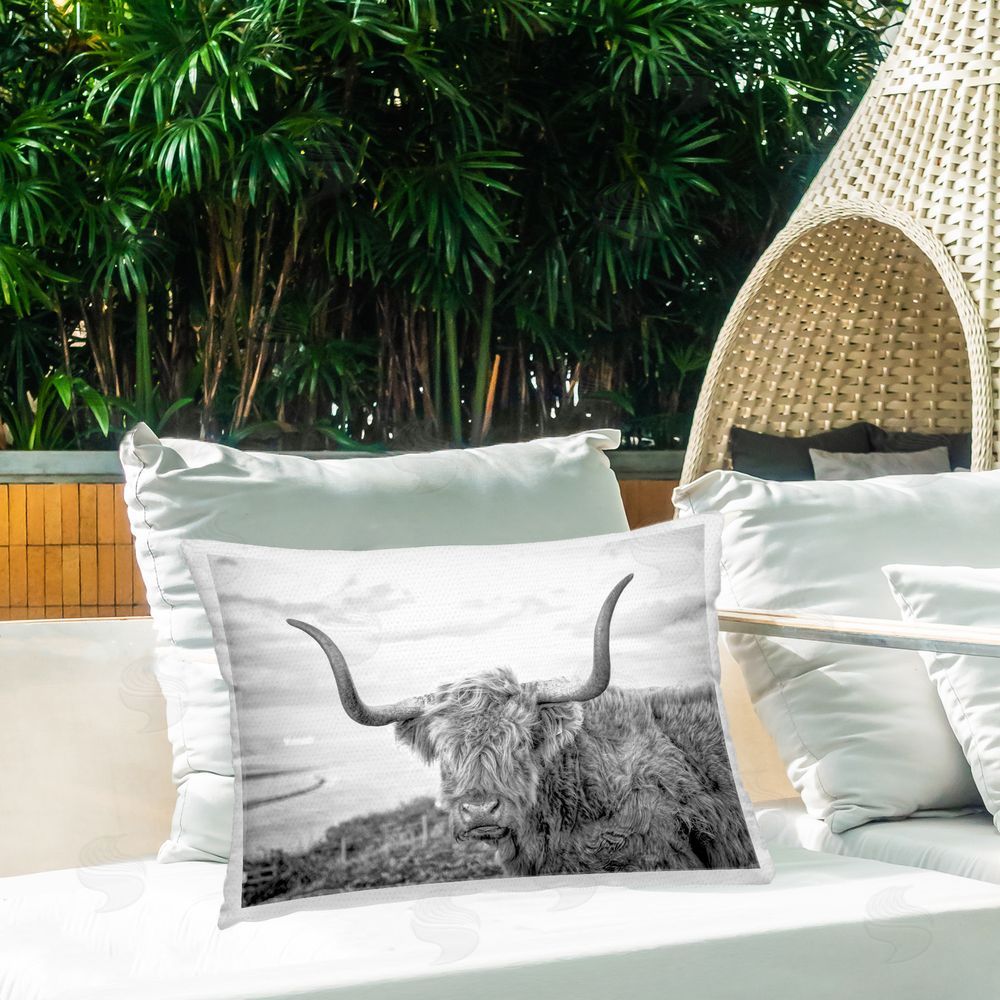 Jasper Huish Traditional Fuzzy Cattle Outdoor Quick-Dry Polyester Printed Throw Pillow in Back Yard