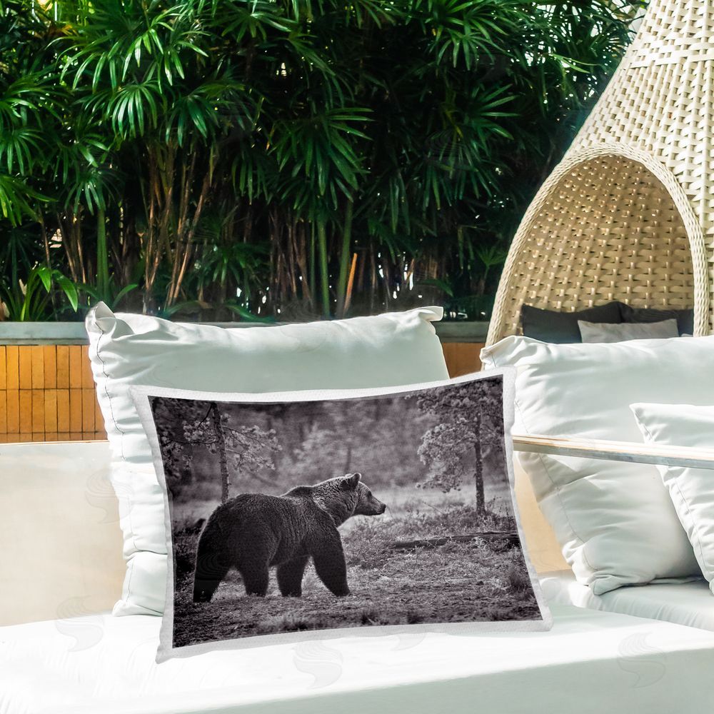 Jasper Huish Bear Stepping in Forest Outdoor Quick-Dry Polyester Printed Throw Pillow in Back Yard
