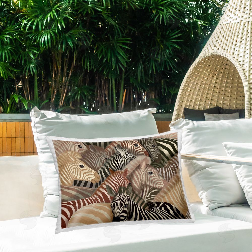 Fab Funky Neutral Hued Zebras Outdoor Quick-Dry Polyester Printed Throw Pillow in Back Yard