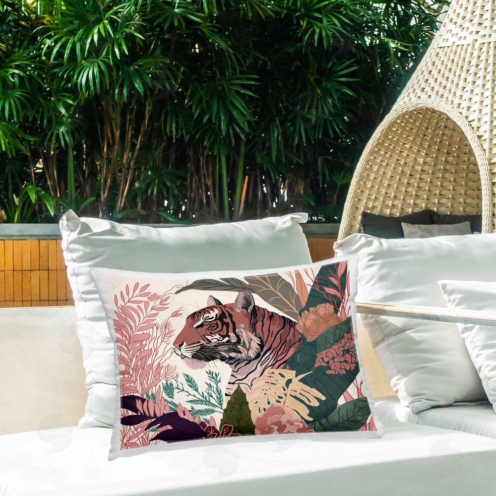 Fab Funky Tiger Peeking from Leaves Outdoor Quick-Dry Polyester Printed Throw Pillow in Back Yard