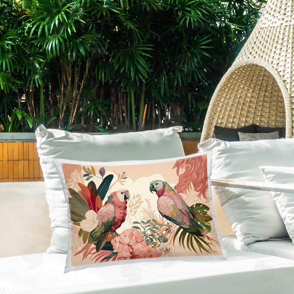 Fab Funky Pink Parrots & Leaves Outdoor Quick-Dry Polyester Printed Throw Pillow in Back Yard
