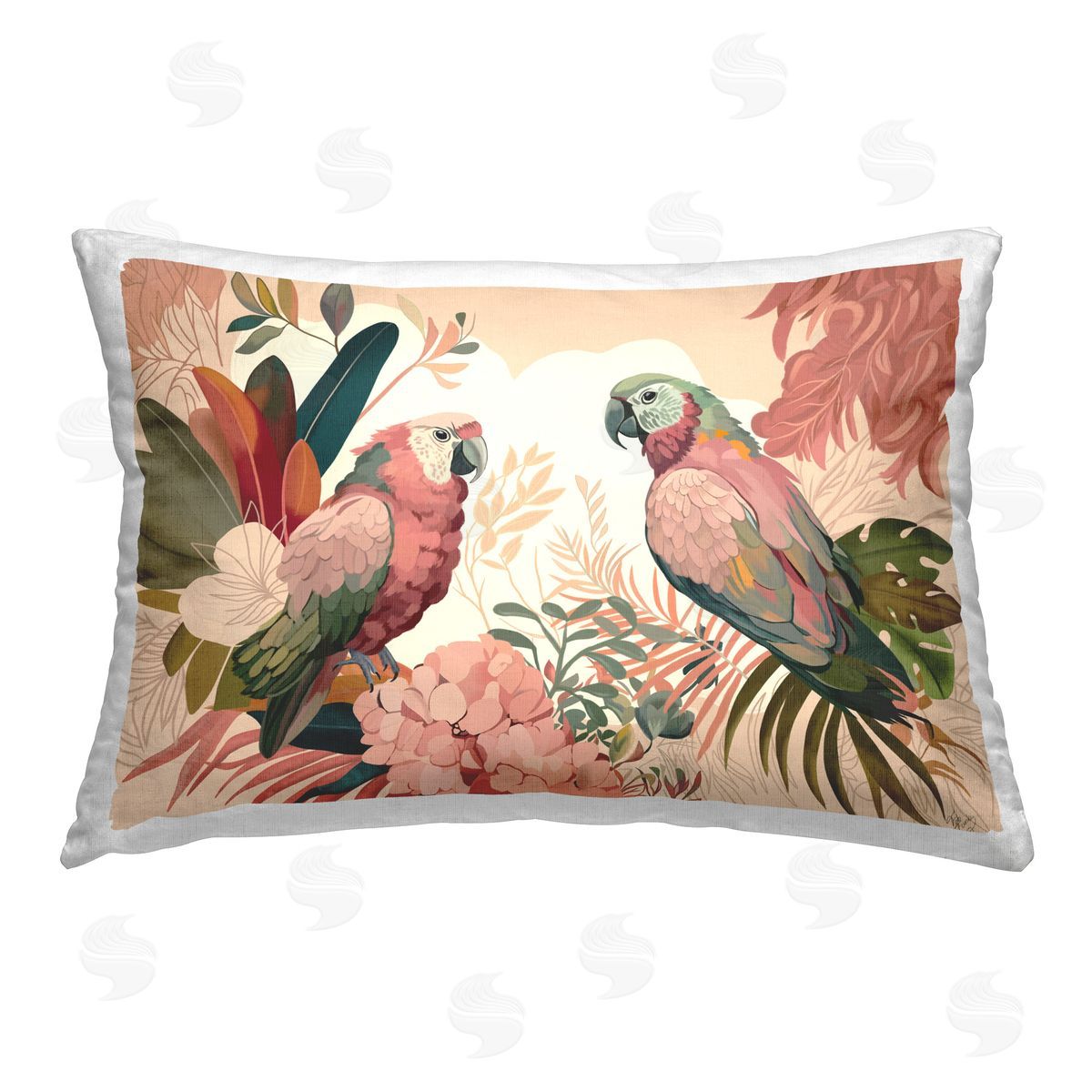 Fab Funky Pink Parrots & Leaves Printed Plush Polyester Throw Pillow