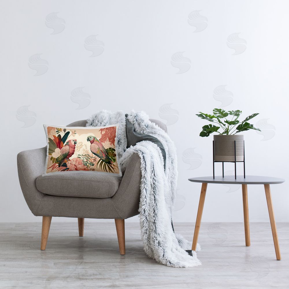 Fab Funky Pink Parrots & Leaves Printed Plush Polyester Throw Pillow On Chair