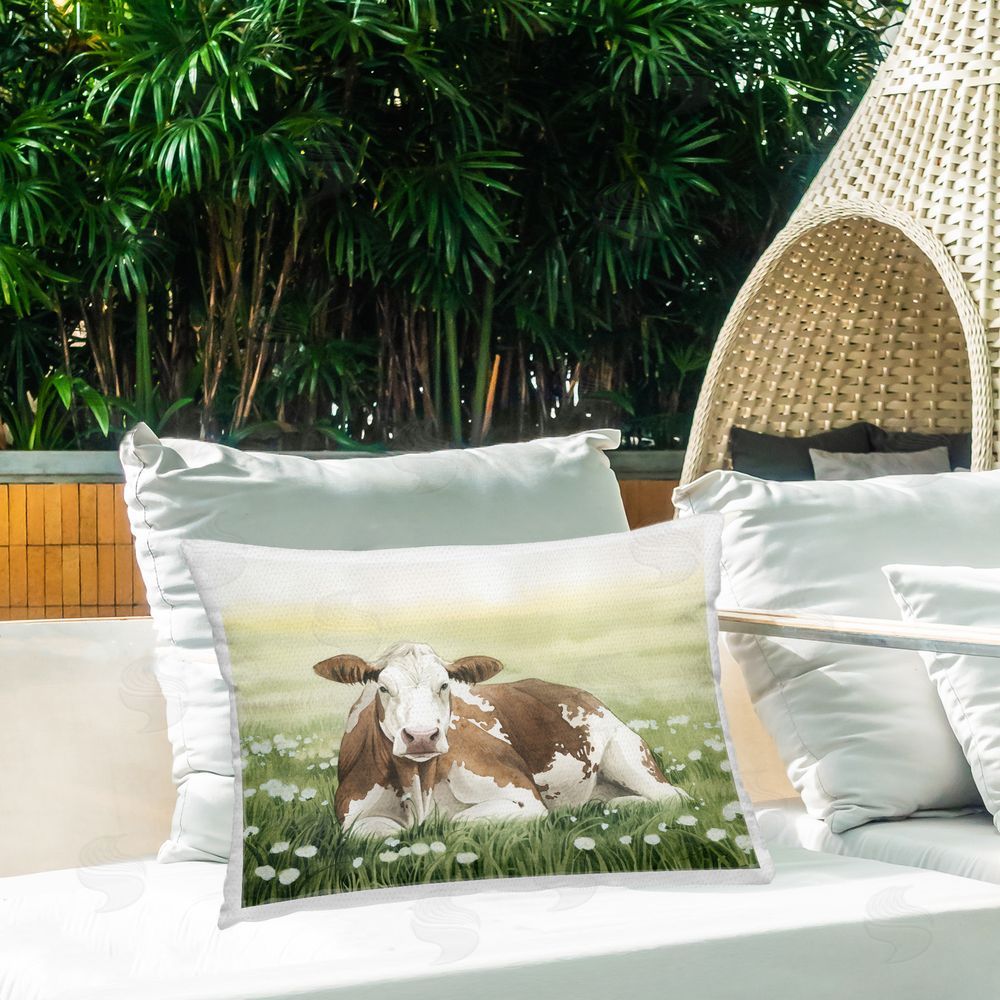 Grace Popp Cow & Meadow Blossoms Outdoor Quick-Dry Polyester Printed Throw Pillow in Back Yard