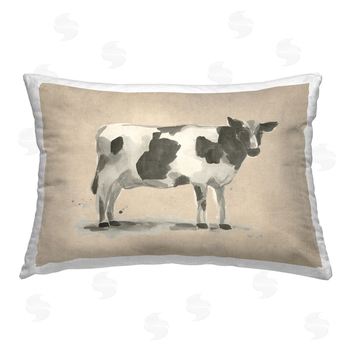 June Erica Vess Traditional Cow on Beige Printed Plush Polyester Throw Pillow