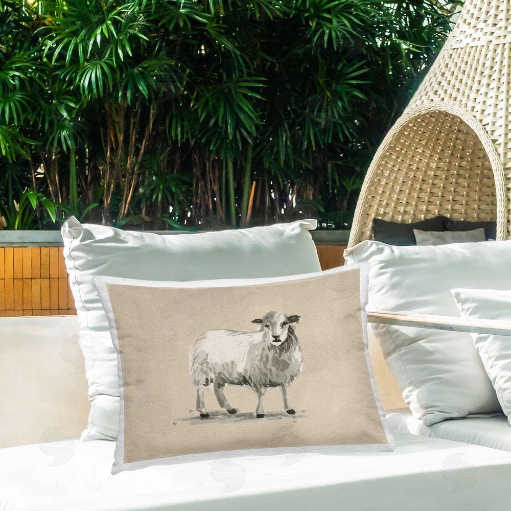 June Erica Vess Gazing Sheep on Beige Outdoor Quick-Dry Polyester Printed Throw Pillow in Back Yard