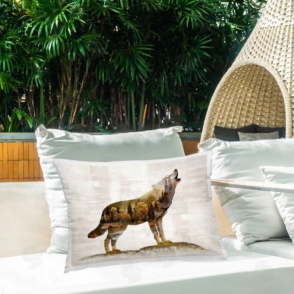 Amber Sterling Forest Pattern Wolf Outdoor Quick-Dry Polyester Printed Throw Pillow in Back Yard