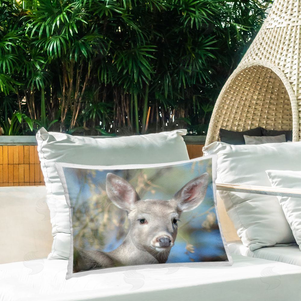 Murray Bolesta Majestic Fawn Portrait Outdoor Quick-Dry Polyester Printed Throw Pillow in Back Yard