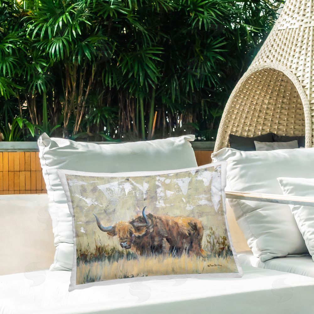 Pam Britton Rustic Patterned Longhorn Outdoor Quick-Dry Polyester Printed Throw Pillow in Back Yard