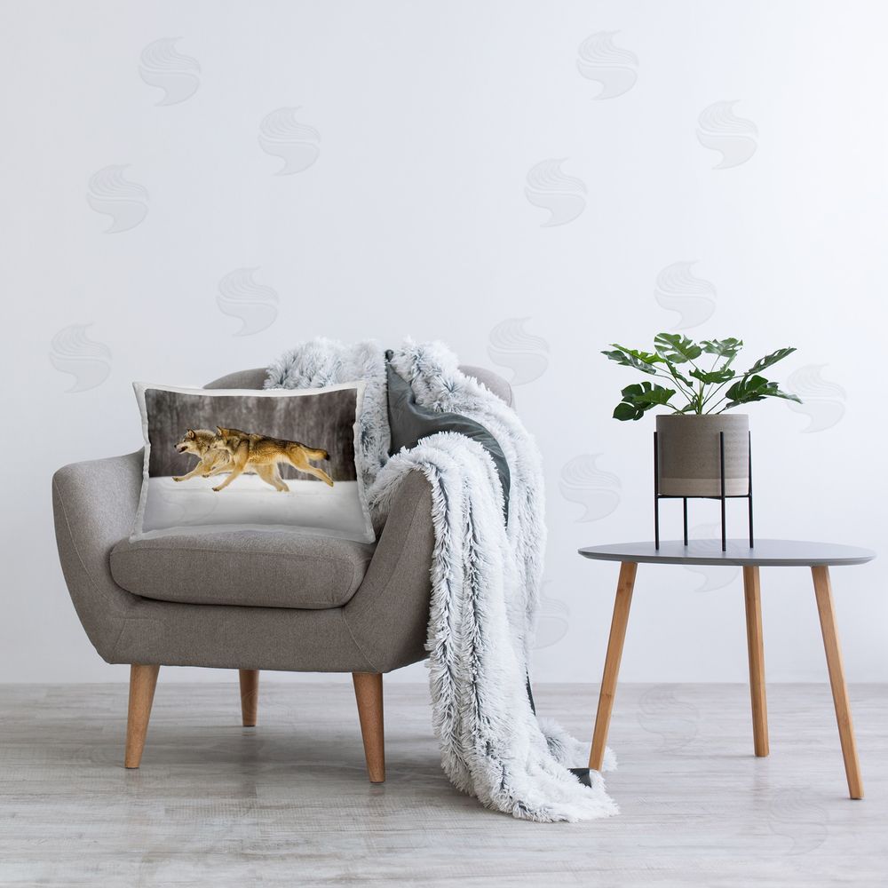 Lisa Dearing Dashing Wolves in Snow Printed Plush Polyester Throw Pillow On Chair