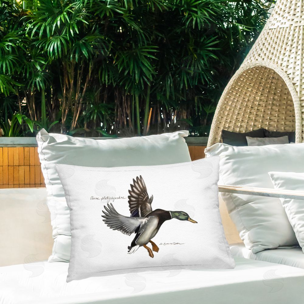 Jadei Graphics Flying Mallard Duck Outdoor Quick-Dry Polyester Printed Throw Pillow in Back Yard