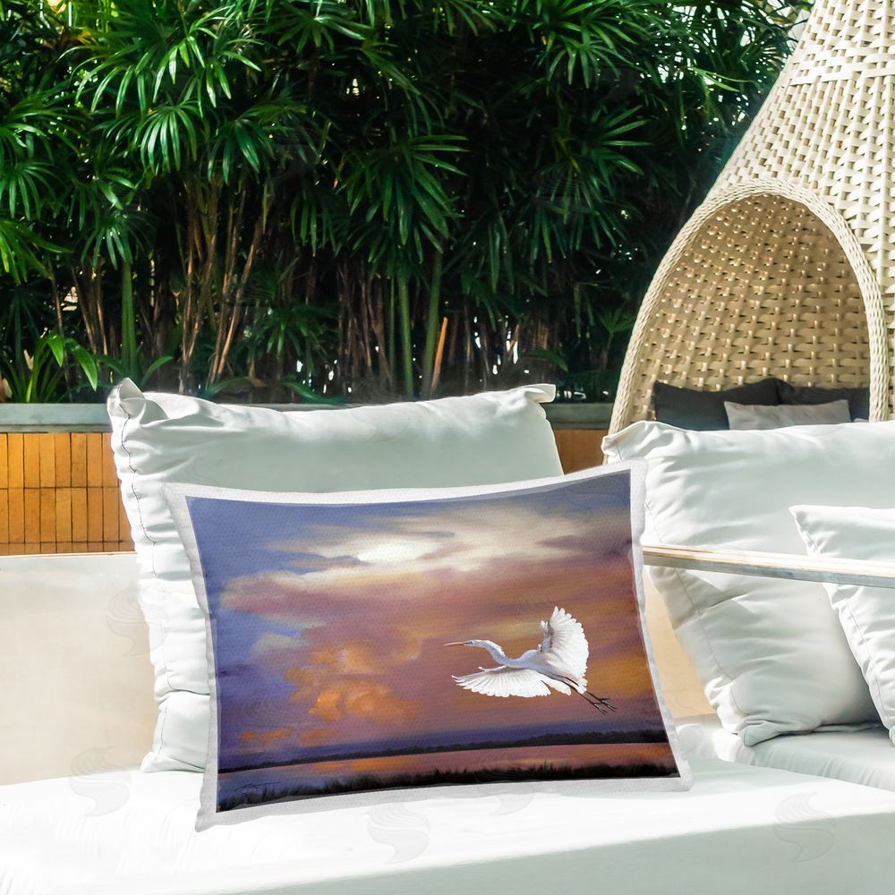 D. Rust Heron Flying with Sunset Outdoor Quick-Dry Polyester Printed Throw Pillow in Back Yard