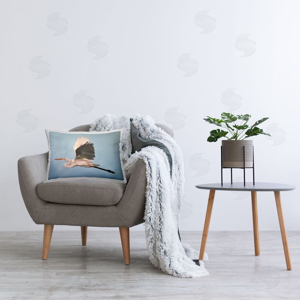 D. Rust Graceful Egret Flying Printed Plush Polyester Throw Pillow On Chair