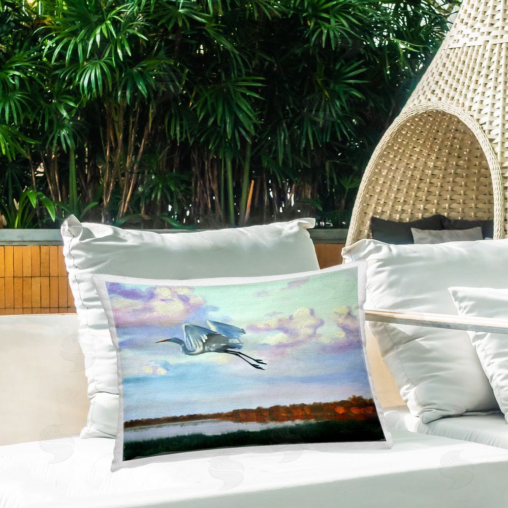 D. Rust Egret Over Lake Shore Outdoor Quick-Dry Polyester Printed Throw Pillow in Back Yard