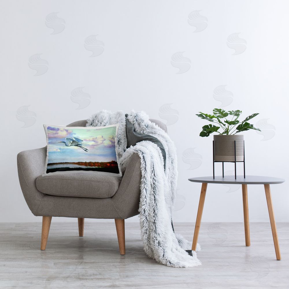 D. Rust Egret Over Lake Shore Printed Plush Polyester Throw Pillow On Chair