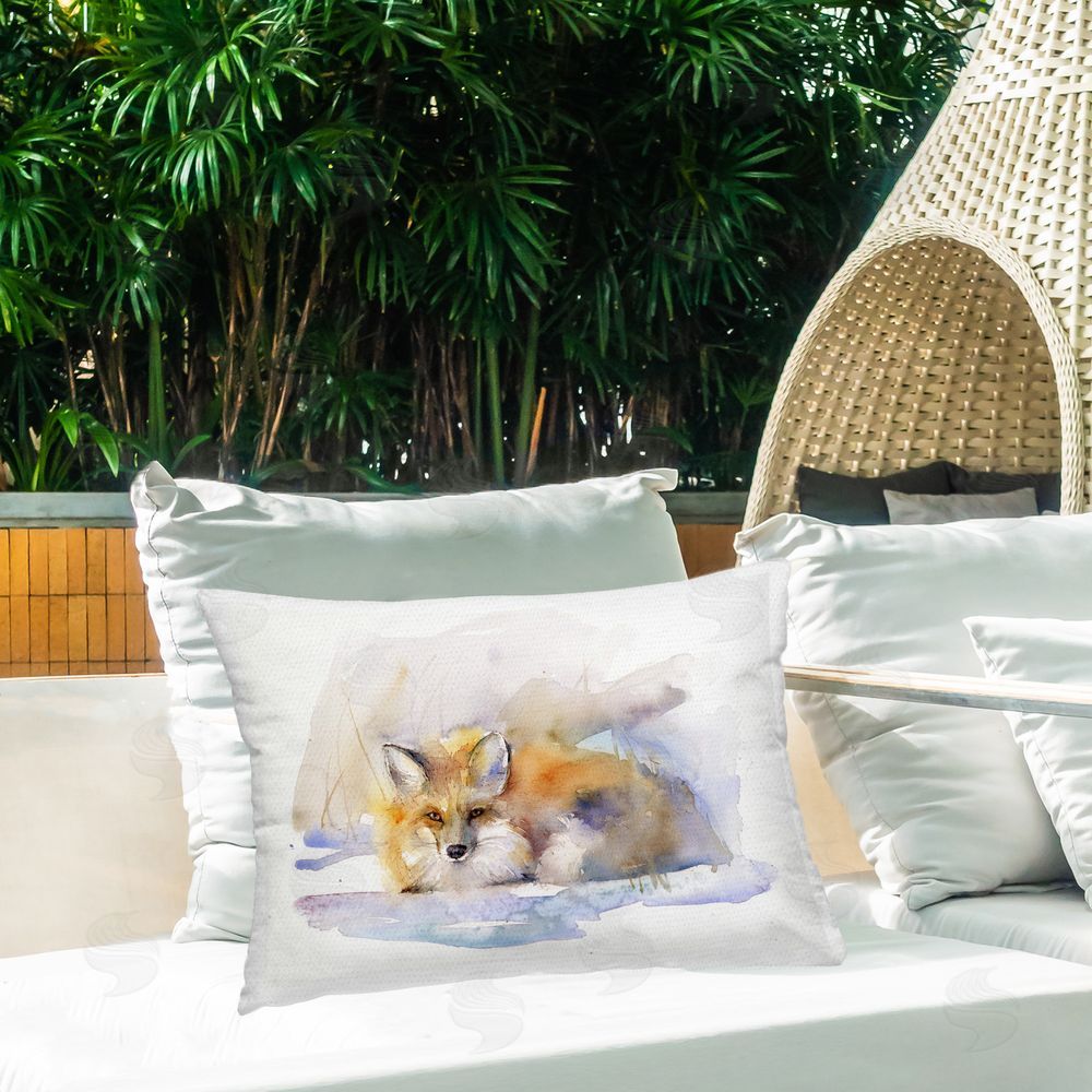John Keeling Fox Sleeping in Snow Outdoor Quick-Dry Polyester Printed Throw Pillow in Back Yard