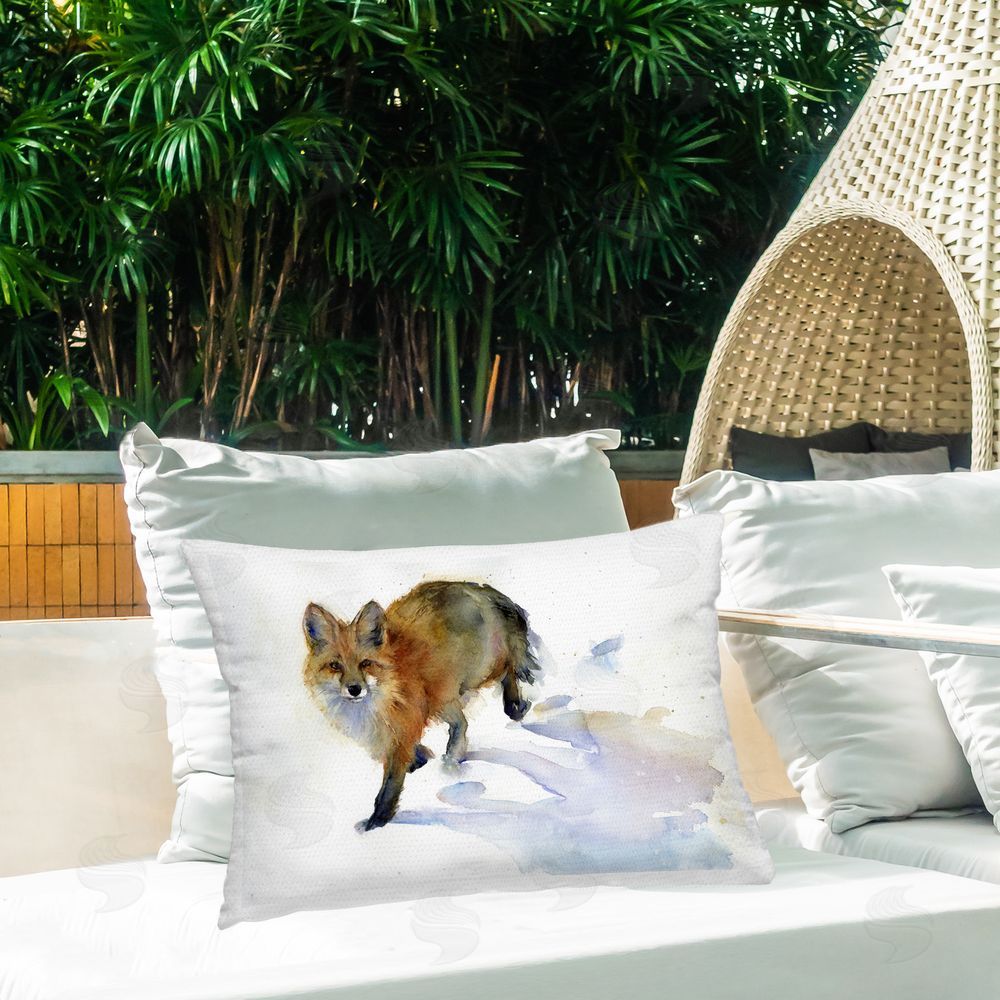 John Keeling Stepping Fox in Snow Outdoor Quick-Dry Polyester Printed Throw Pillow in Back Yard