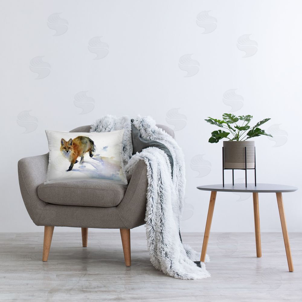 John Keeling Stepping Fox in Snow Printed Plush Polyester Throw Pillow On Chair