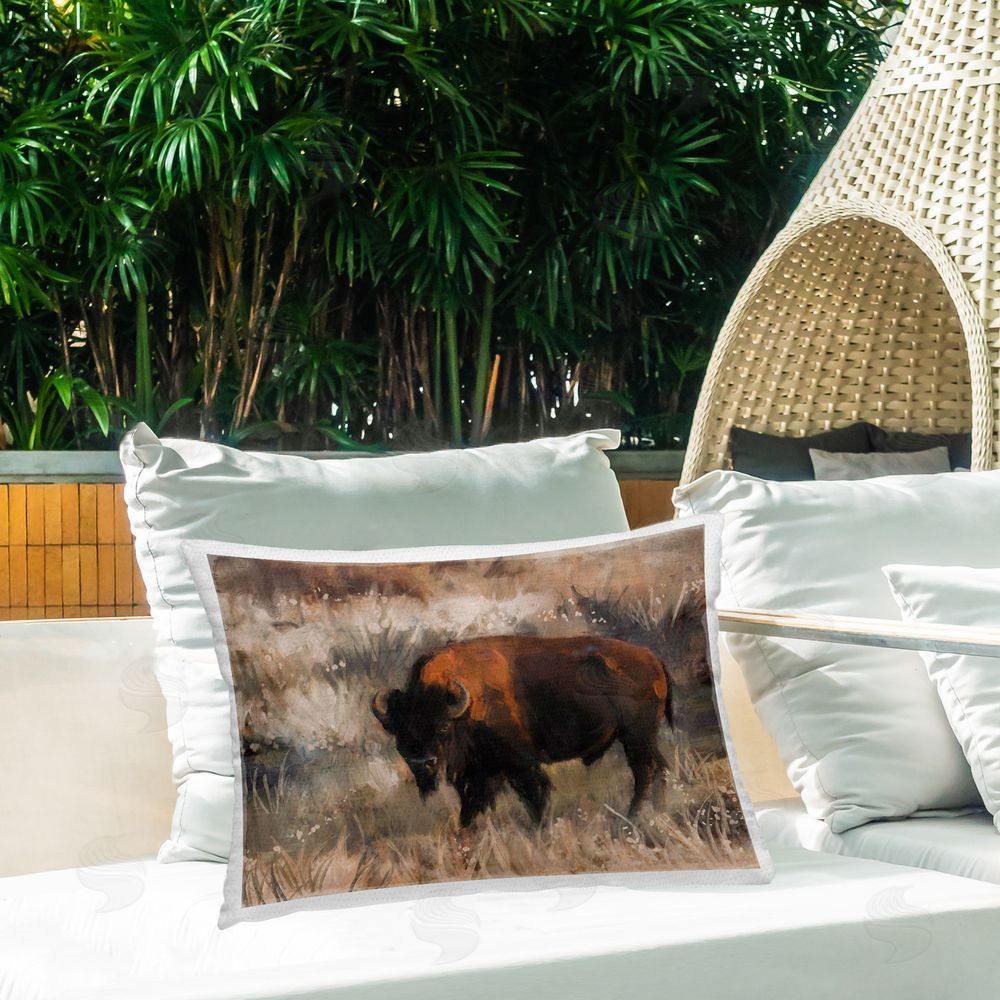Nina Blue Traditional Bison Range Outdoor Quick-Dry Polyester Printed Throw Pillow in Back Yard