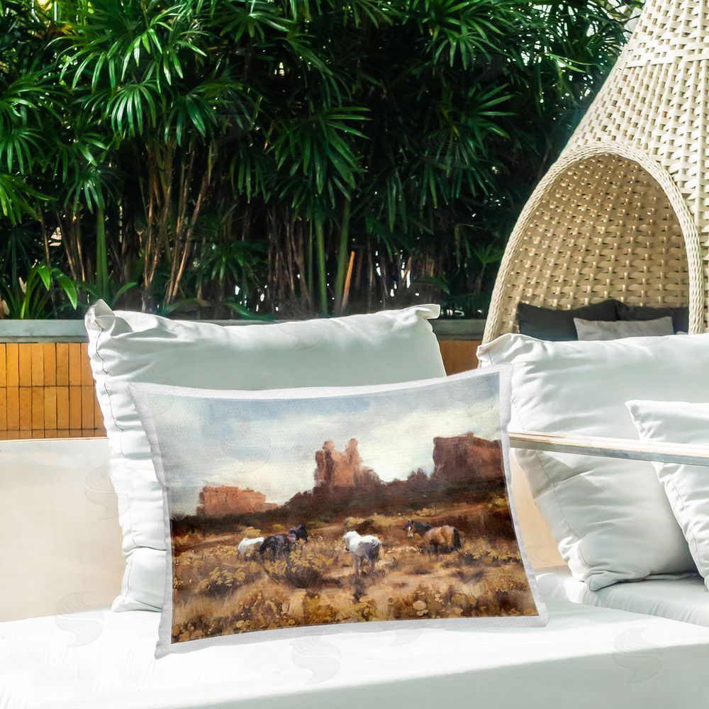 Nina Blue Desert Horses Landscape Outdoor Quick-Dry Polyester Printed Throw Pillow in Back Yard
