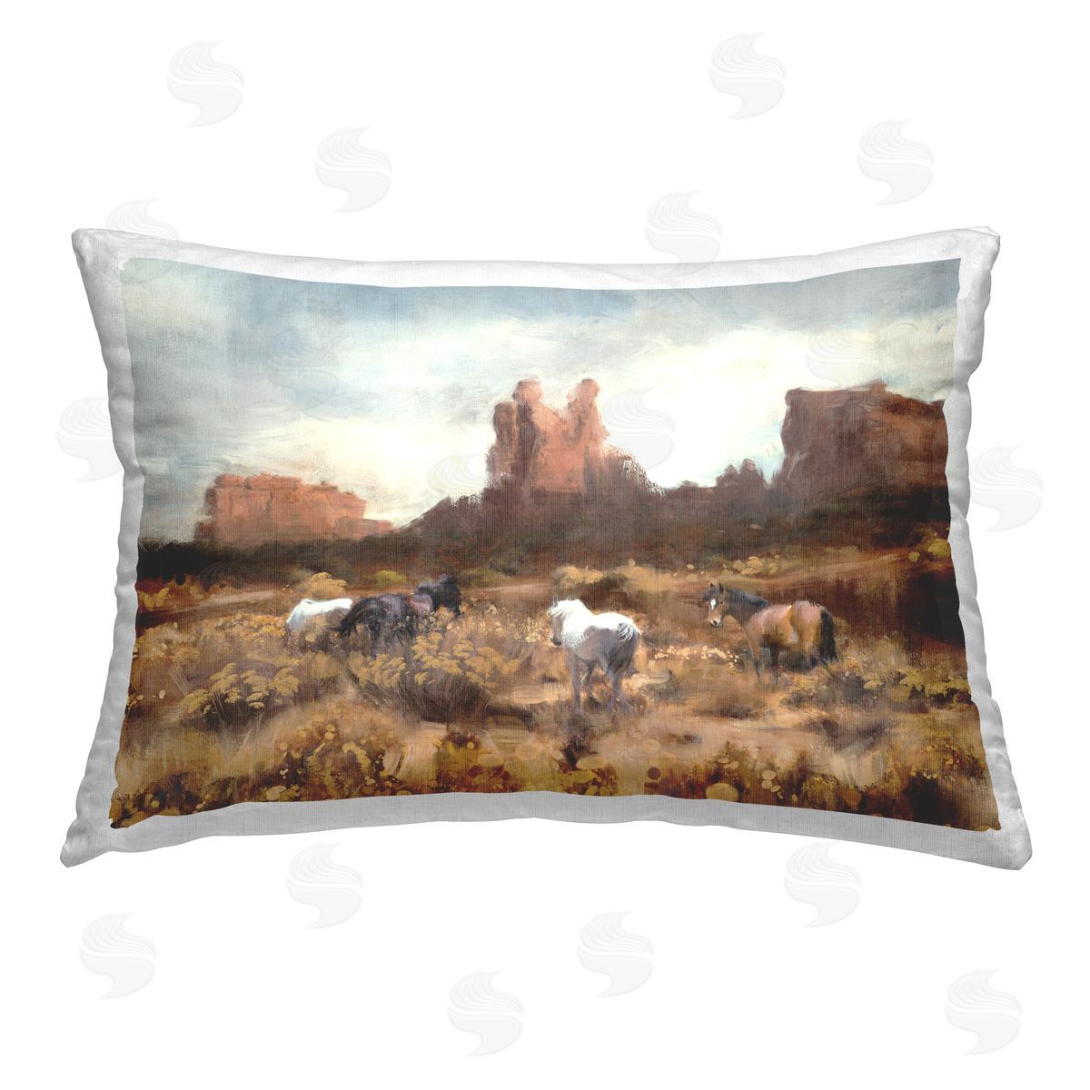 Nina Blue Desert Horses Landscape Printed Plush Polyester Throw Pillow