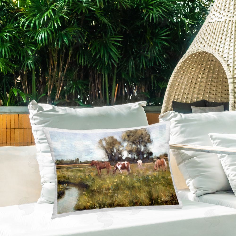 Nina Blue Lazy Day Horse Landscape Outdoor Quick-Dry Polyester Printed Throw Pillow in Back Yard