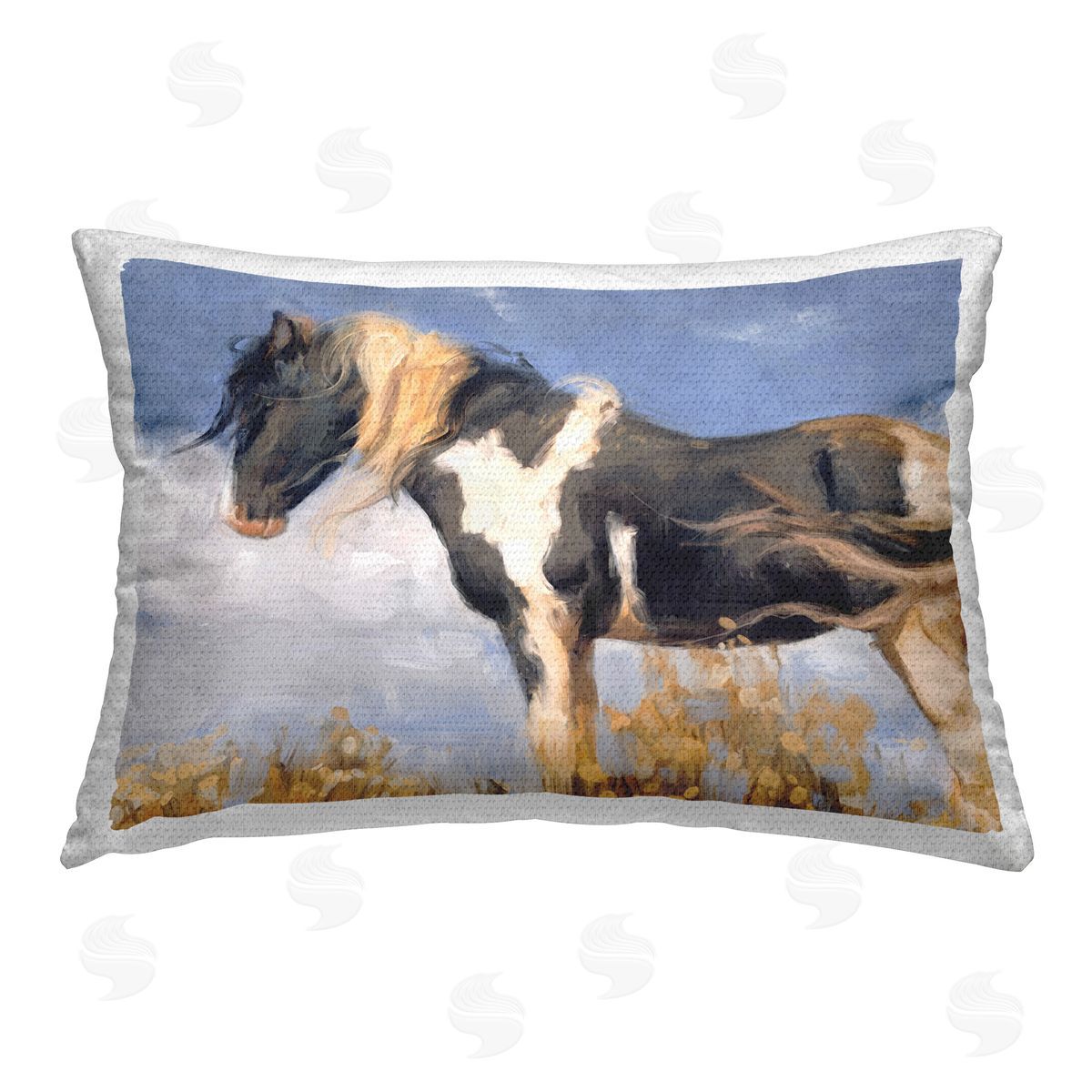 Nina Blue Traditional Windswept Stallion Outdoor Quick-Dry Polyester Printed Throw Pillow