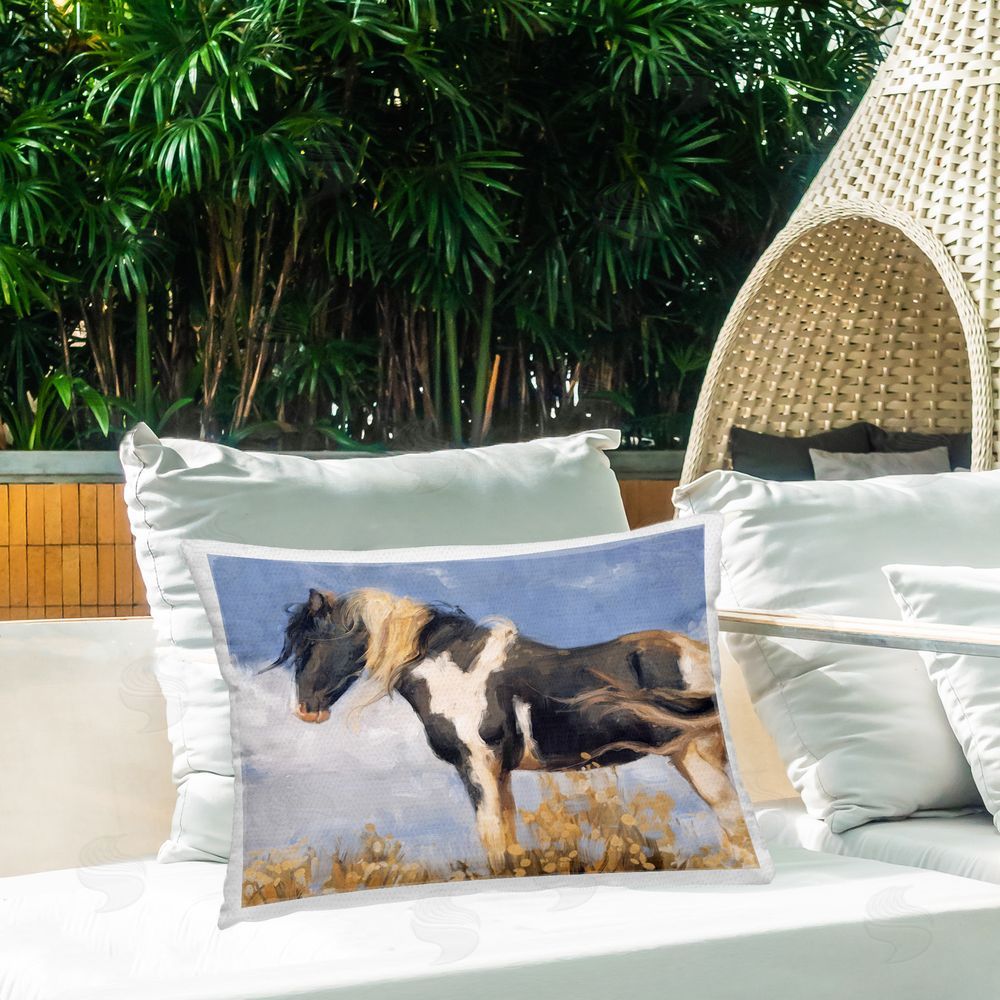 Nina Blue Traditional Windswept Stallion Outdoor Quick-Dry Polyester Printed Throw Pillow in Back Yard