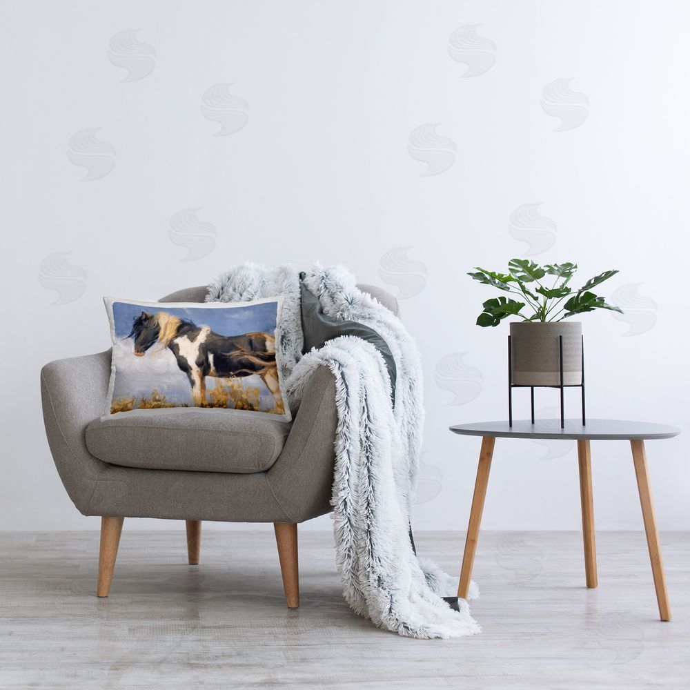 Nina Blue Traditional Windswept Stallion Printed Plush Polyester Throw Pillow On Chair