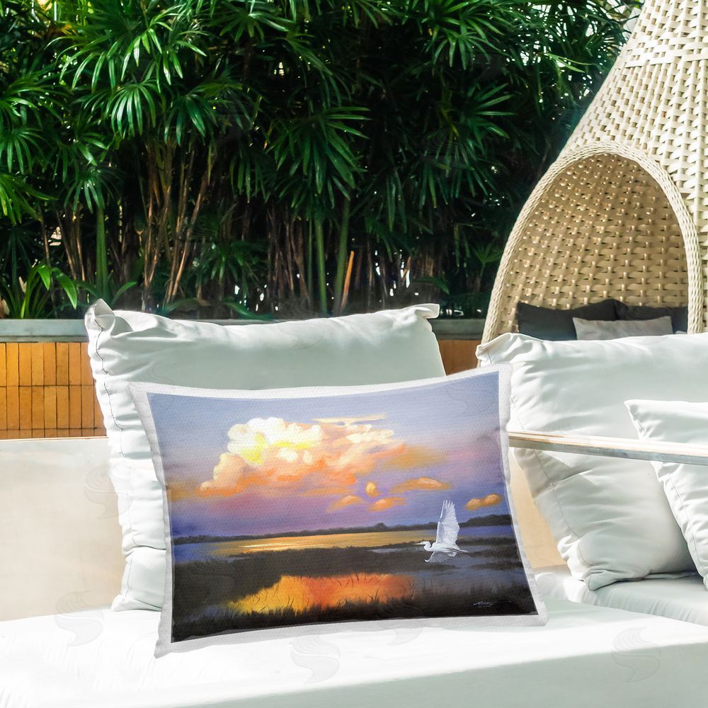 D. Rust Egret Over Cloudy Reflection Outdoor Quick-Dry Polyester Printed Throw Pillow in Back Yard