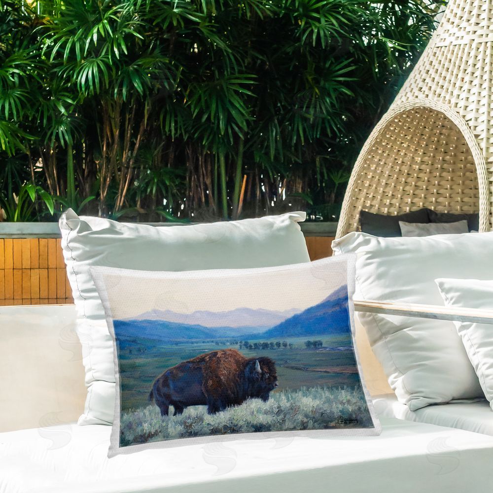 David Graham Bison & Country Mountains Outdoor Quick-Dry Polyester Printed Throw Pillow in Back Yard