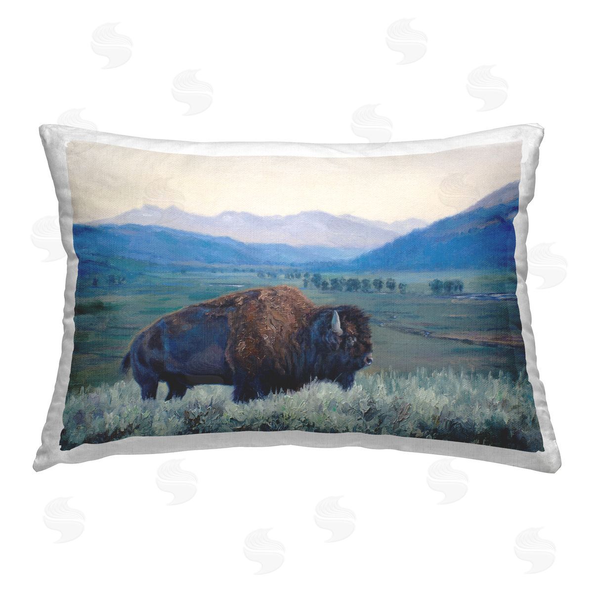 David Graham Bison & Country Mountains Printed Plush Polyester Throw Pillow