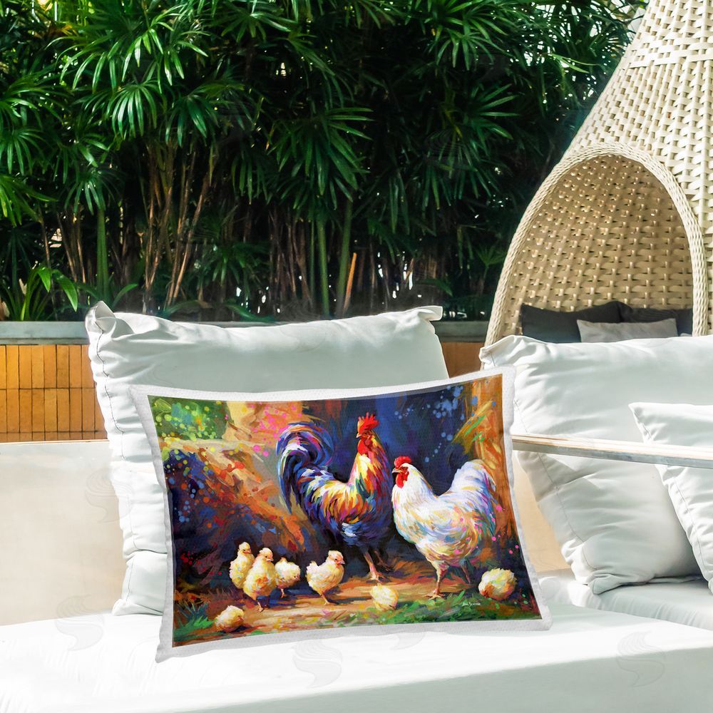 Leon Devenice Chicken Family Paint Splatter Outdoor Quick-Dry Polyester Printed Throw Pillow in Back Yard