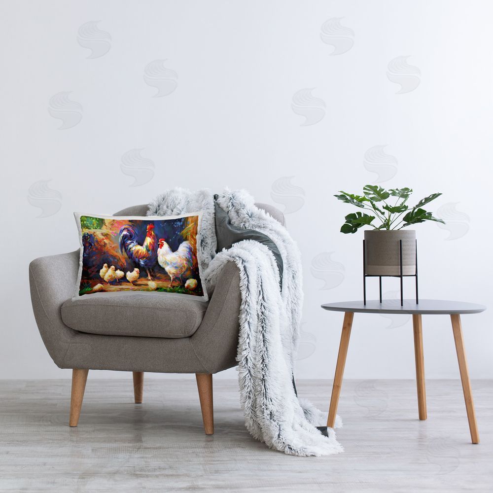 Leon Devenice Chicken Family Paint Splatter Printed Plush Polyester Throw Pillow On Chair
