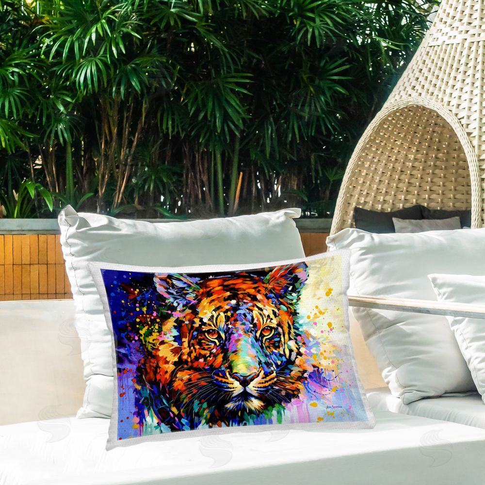 Leon Devenice Tiger's Wild Wonder Outdoor Quick-Dry Polyester Printed Throw Pillow in Back Yard