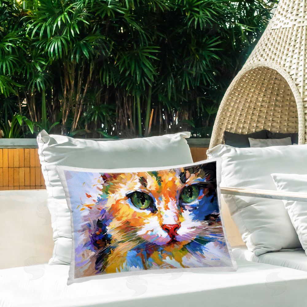 Leon Devenice Manx Cat Gaze Outdoor Quick-Dry Polyester Printed Throw Pillow in Back Yard