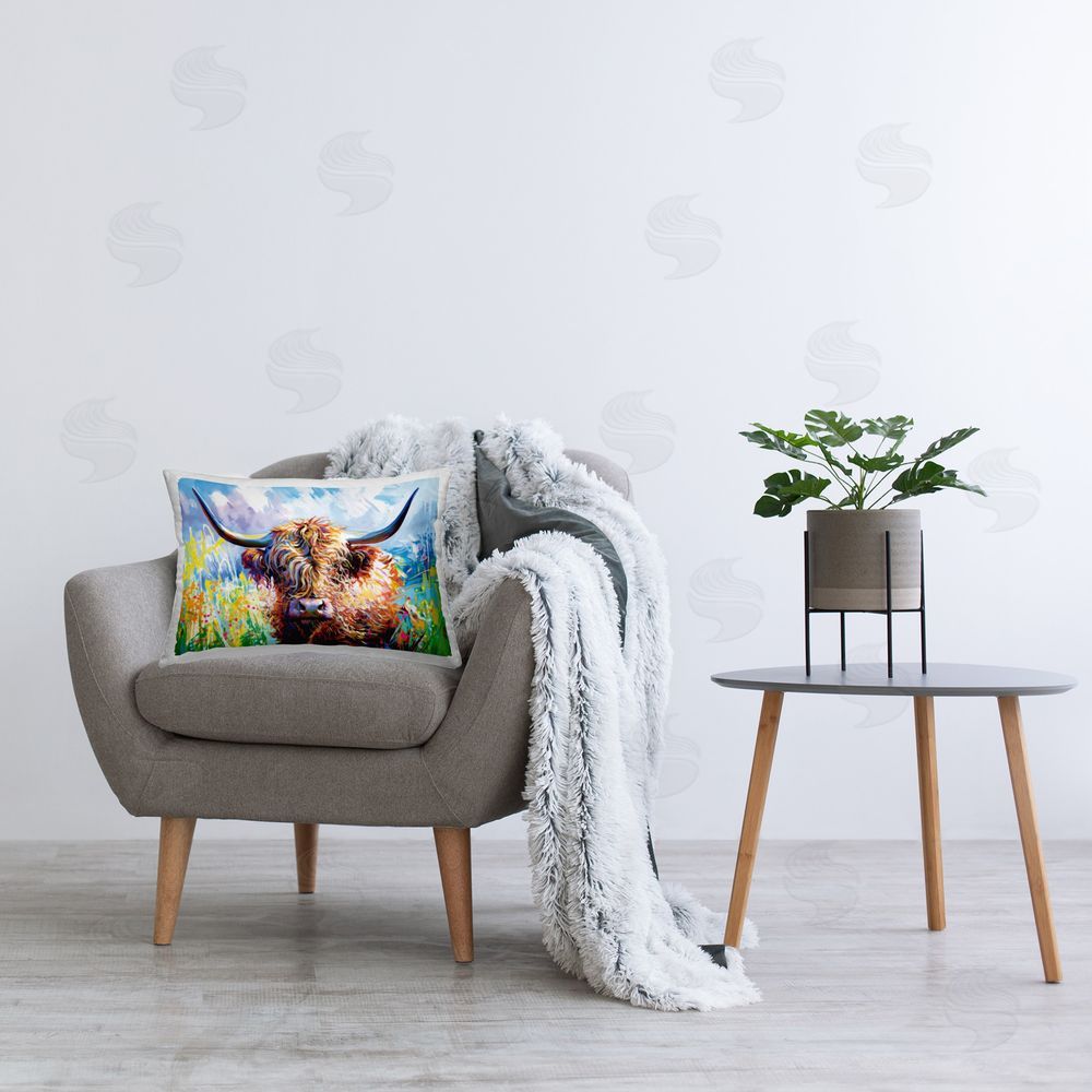 Leon Devenice Long Haired Highland Cattle Printed Plush Polyester Throw Pillow On Chair