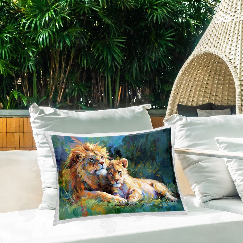 Leon Devenice Lion's Embrace Portrait Outdoor Quick-Dry Polyester Printed Throw Pillow in Back Yard