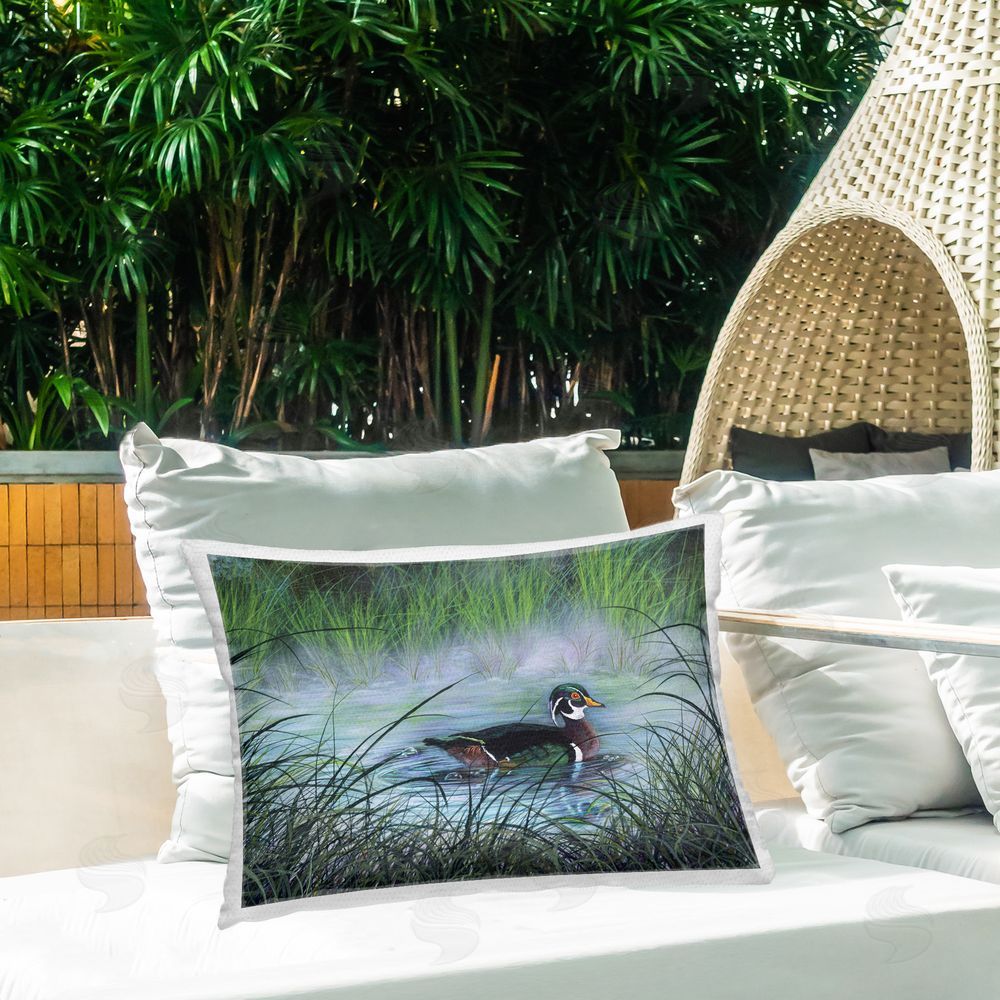 Mataya Duck in Quiet Pond Outdoor Quick-Dry Polyester Printed Throw Pillow in Back Yard