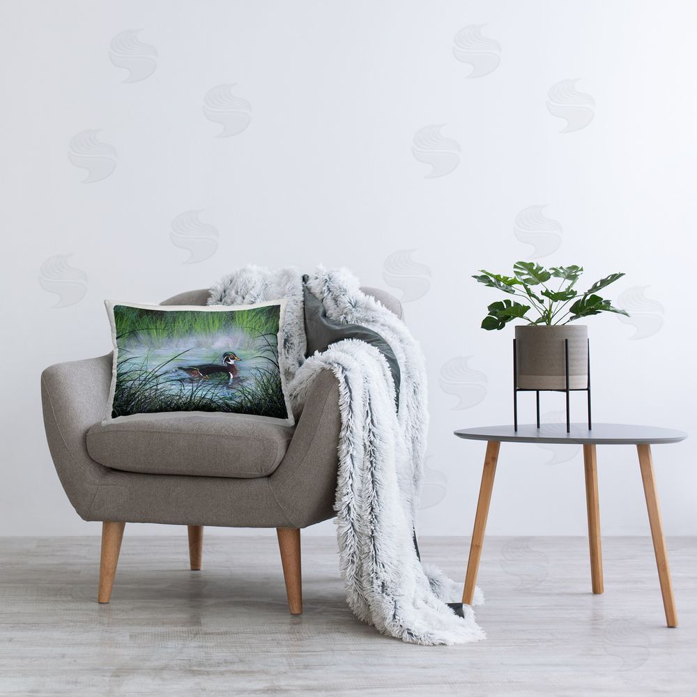 Mataya Duck in Quiet Pond Printed Plush Polyester Throw Pillow On Chair