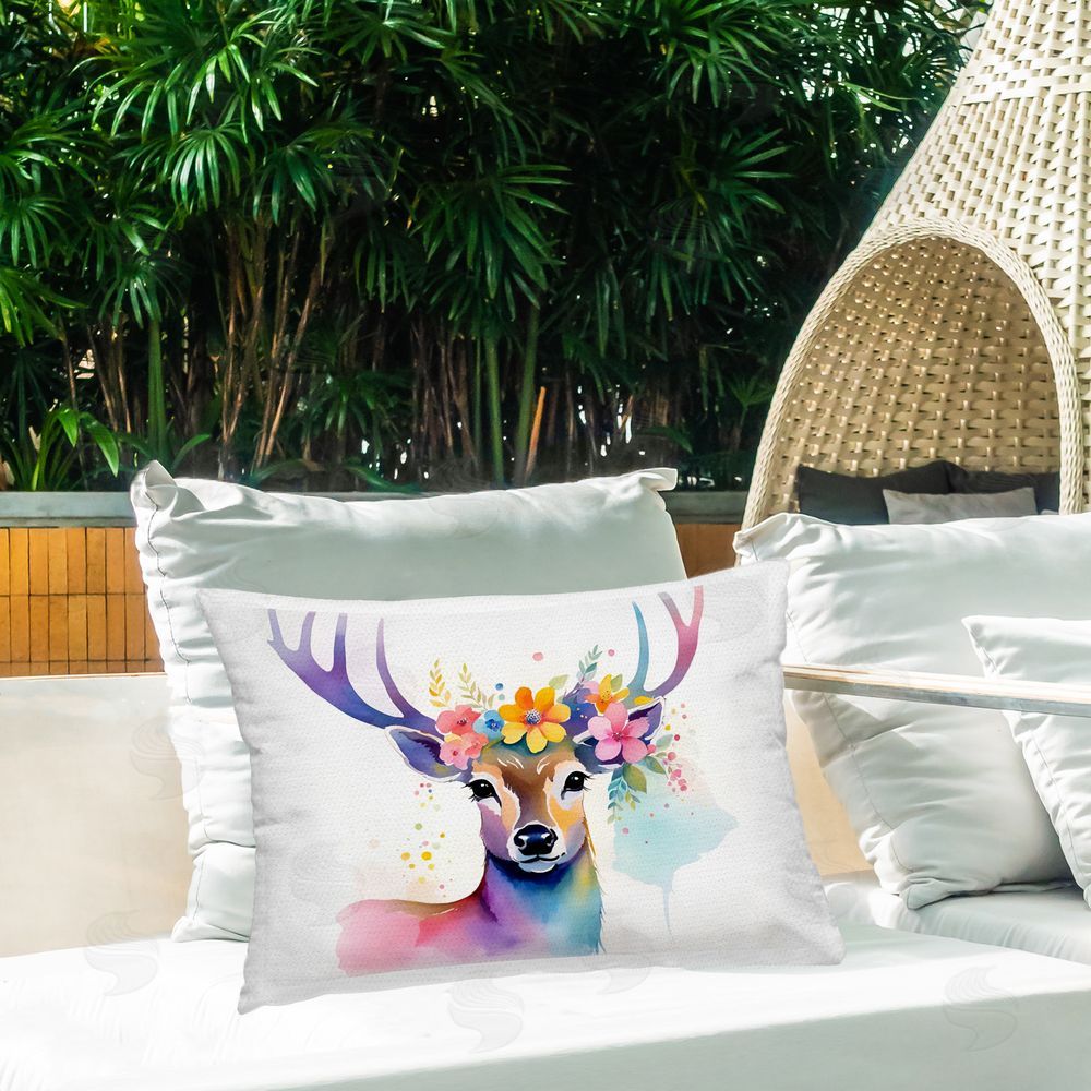 Amber Clarkson Floral Garland Deer Outdoor Quick-Dry Polyester Printed Throw Pillow in Back Yard