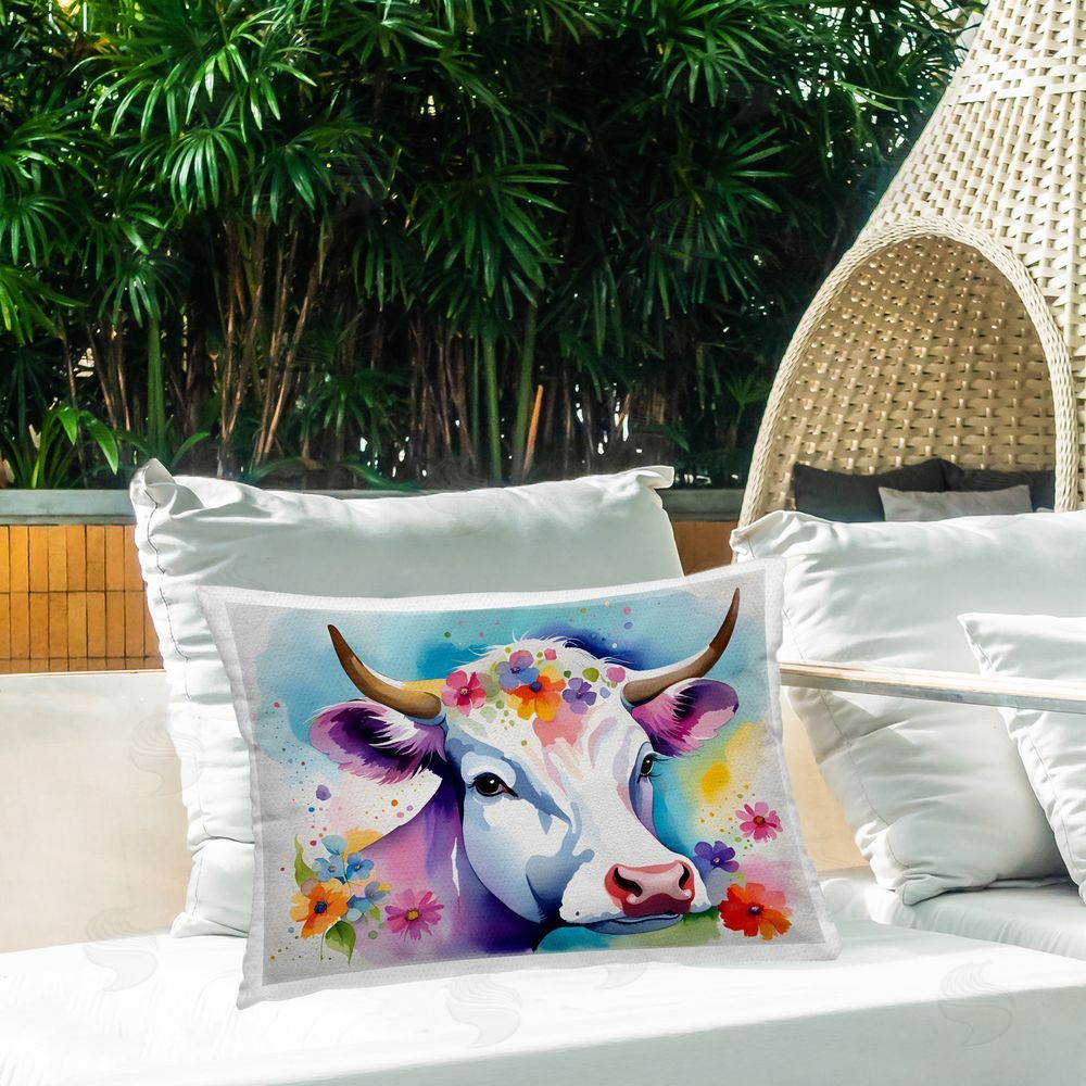 Amber Clarkson Flower Speckled Cow Outdoor Quick-Dry Polyester Printed Throw Pillow in Back Yard