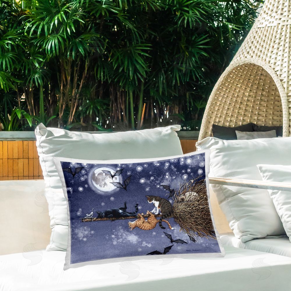 Maggie Vandewalle Joyriding Cats on Broom Outdoor Quick-Dry Polyester Printed Throw Pillow in Back Yard