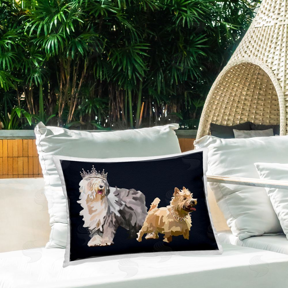 Amelia Noyes Dog Duo with Crowns Outdoor Quick-Dry Polyester Printed Throw Pillow in Back Yard