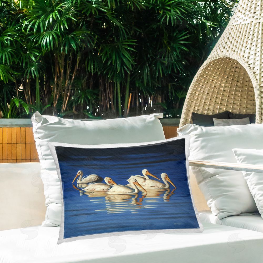 D. Rust Pelican Flock Lake Ripples Outdoor Quick-Dry Polyester Printed Throw Pillow in Back Yard