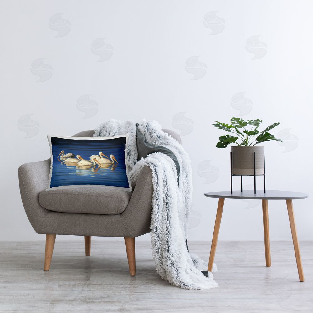 D. Rust Pelican Flock Lake Ripples Printed Plush Polyester Throw Pillow On Chair