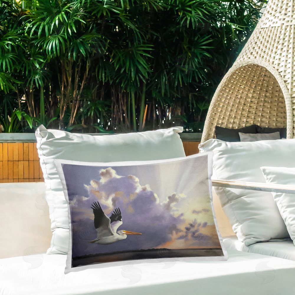D. Rust Dawn Sunrise Pelican Outdoor Quick-Dry Polyester Printed Throw Pillow in Back Yard